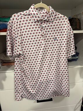 Rhoback Men's White Polo Shirt with Red & Navy Pattern